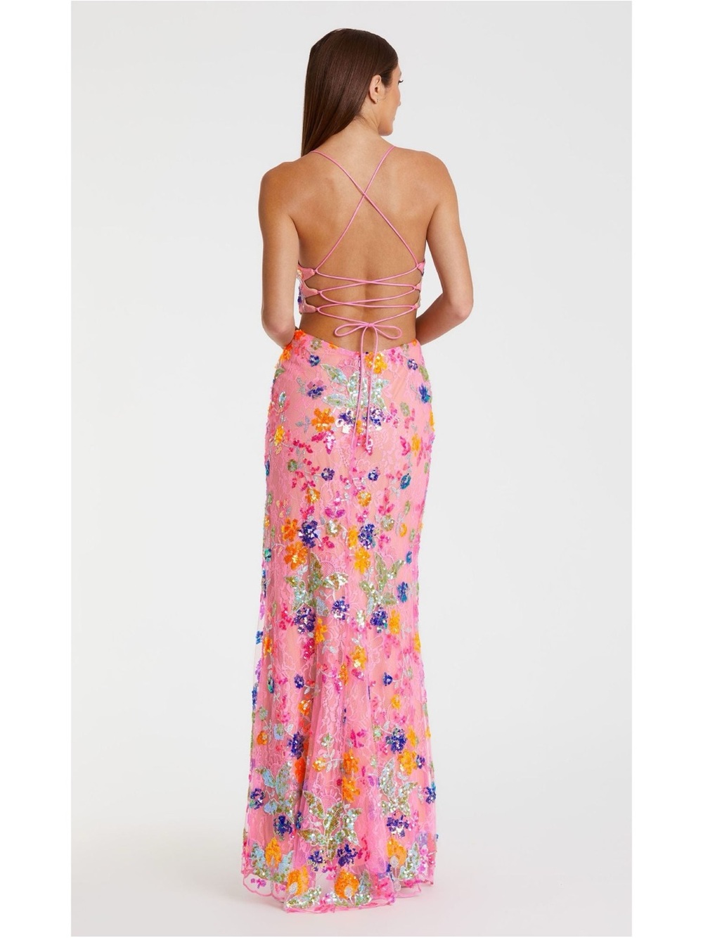 Mac Duggal Pink Floral Sequin Backless Lace-Up Evening Gown Maxi Beaded Dress 6 - Picture 10 of 12